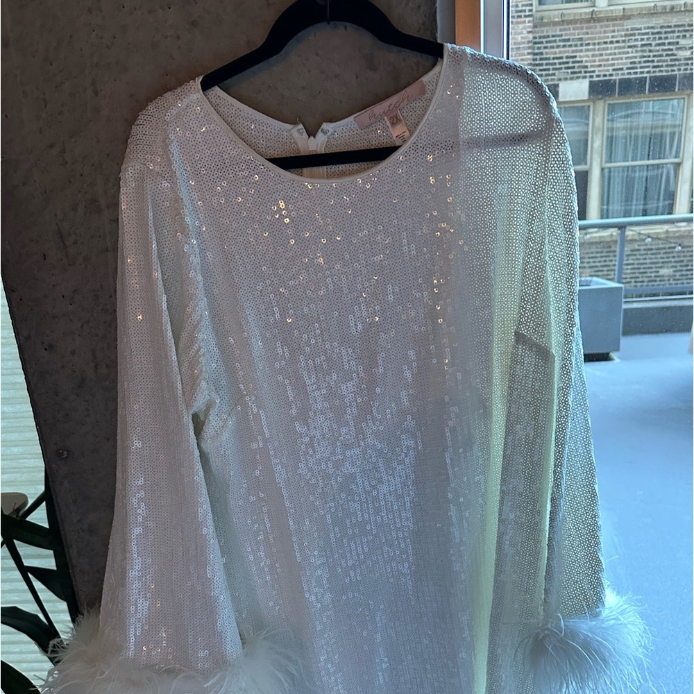 hutch alissa faux feather long-sleeve sequin mini dress